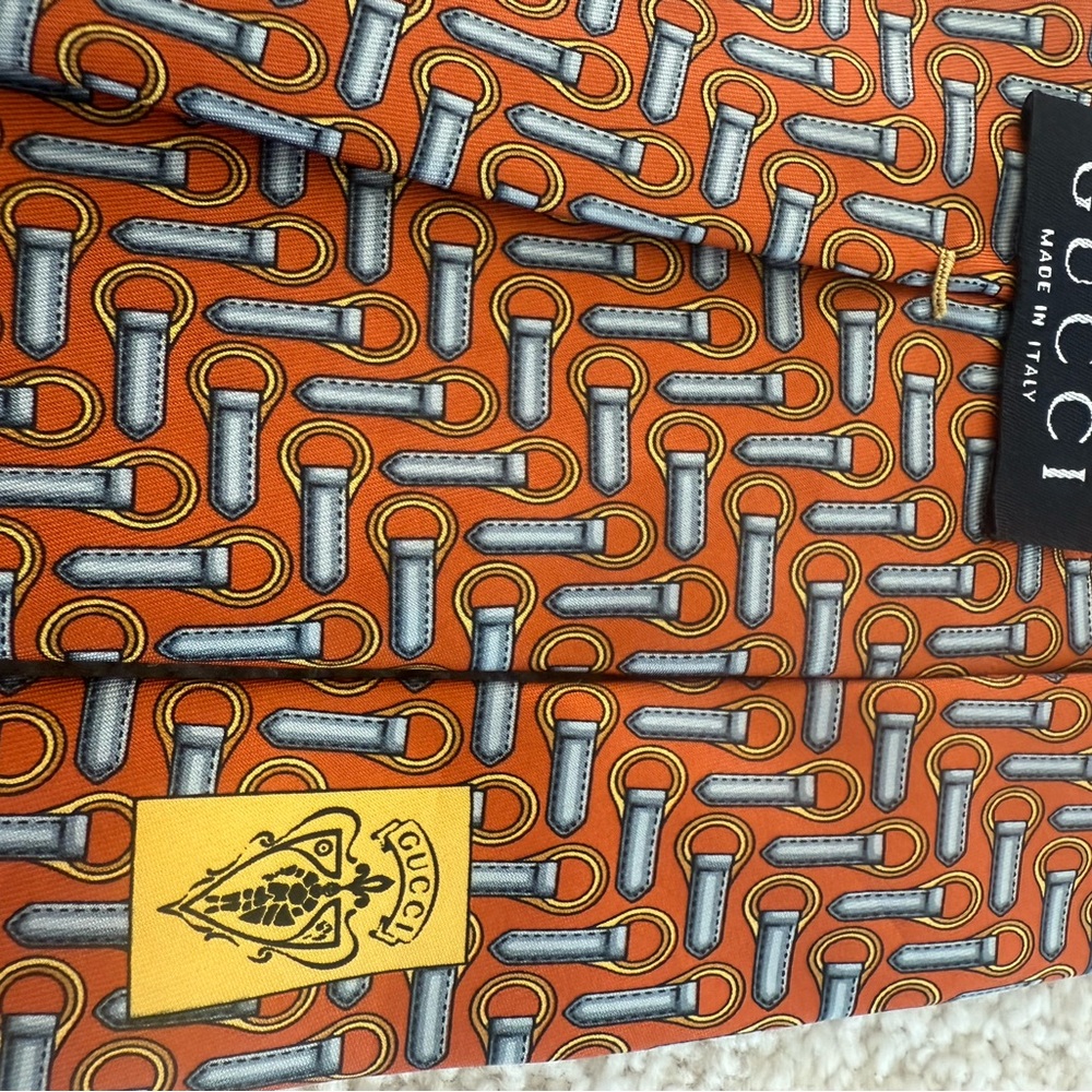 Authentic Silk Gucci Tie: Orange, Blue and Yellow Patterned Tie